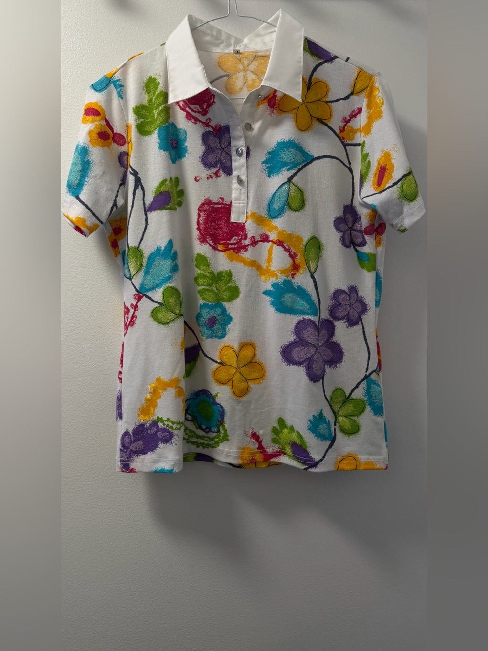 Vintage Korean Abstract Floral Short-Sleeve Polo Top Size L